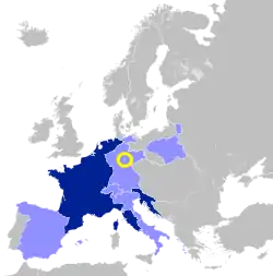 Principality of Erfurt highlighted in yellow within the First French Empire (coloured in blues), shown with 1812 borders