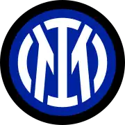 Inside the inner blue circle, a cutout of the words "M" and "I" with the "I" cutting inside of the "M" around the white circle. The inner blue circle contains an outer circle in black.