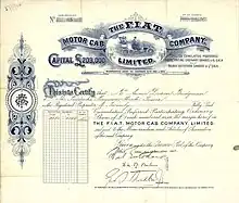 Stock certificate of the F.I.A.T. Motor Cab Company, issued 18 December 1907. This subsidiary of Fiat, founded in London on 9 October 1906, was to acquire 400 Fiat taxis at a unit price of £350 and operate them as a competitor to the hackney carriages.