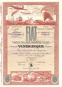 Stock certificate of FIAT S.p.A. for 25 shares of 200 lira each, issued on 5 April 1940 in Turin, with the signature of Giovanni Agnelli as President. Showing FIAT's entire production range: automobiles, aircraft, marine engines, locomotives, tanks and tractors.