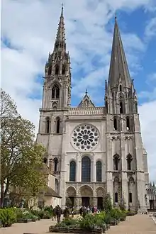 Towers of Chartres Cathedral; Flamboyant Gothic on left, early Gothic on the right.