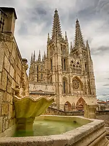 Flamboyant Gothic towers and facade of Burgos Cathedral (13th–16th century)