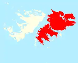 Location of East Falkland (red)in the Falkland Islands (red & white)