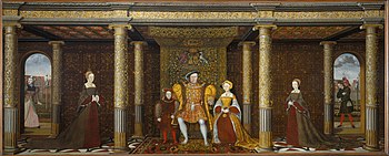 "Family of Henry VIII with Will Sommers on the far right and probably Jane Foole on the far left