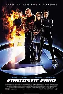 The Four; Mr. Fantastic ,The Thing ,The Invisible Woman and The Human Torch are standing with their uniforms on the circled number "4" below them ,and the film's title, credits and release date underneath them.