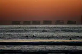 Superimposed detail from six frames of a view showing how the miraged image of a ship changes from one moment to the next