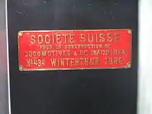 builder’s plate of  Societe Suisse locomotive No 434 of 1886 at the Finnish Railway Museum.