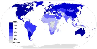 Image 12Fixed broadband Internet subscriptions in 2012as a percentage of a country's populationSource: International Telecommunication Union. (from Internet access)