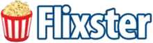 A red and white stripe bucket full of popcorn beside the word Flixster, written in white letters with a blue outline.