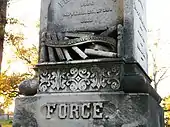 Proper right side is inscribed:  Hannah  Wife of Peter Force  Born April 2, 1798 Died March 20, 1857