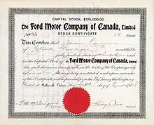 Stock certificate of Ford Motor Company of Canada for 10 shares of $100 each, issued November 10, 1908 in Walkerville, Ontario, registered to Henry Couzens, signed in the original by Henry Ford as President.