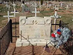 The grave of Carlos Montezuma or Wassaja in "Ba Dah Mod Jo" Cemetery. Montezuma was a Yavapai-Apache Native American, activist and a founding member of the Society of American Indians. His birth name Wassaja, means "Signaling" or "Beckoning" in his native tongue. He was the first Native American male to receive a medical degree.