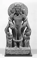 Four-faced four-armed Vishnu Vaikuntha Chaturmurti, still showing Vāsudeva Krishna as the central human figure, 4th-5th century, Mathura