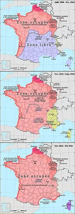 German (pink) and Italian (yellow) occupation zones of France: the zone occupée, the zone libre, the zone interdite, the Military Administration in Belgium and Northern France, and annexed Alsace-Lorraine