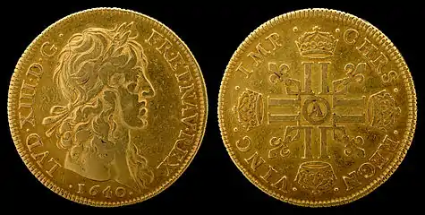 4 Louis d'or of Louis XIII (1640), first year of issue, Paris Mint.The 4 Louis d’or, issued only in 1640, contains (on average)  of 0.9170 fine gold, and weighs 0.948 ounces.