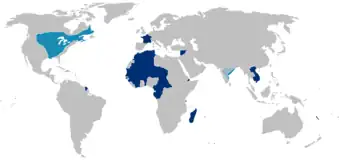 The First (light blue) and Second (dark blue) French Colonial Empires