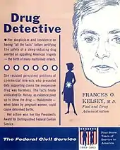 2-colour recruitment flyer for the US Federal Civil Service; titled “Drug Detective”, it shows a line-drawing of Kelsey next to a summary of her actions regarding thalidomide