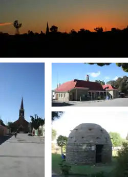 Top: skyline of Fraserburg at dusk. Left: the Dutch Reformed Church on the main street. Middle right: town's post office. Bottom right: a corbelled house built by Trekboers before the town was established.