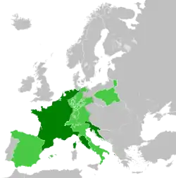 Map of Europe. French Empire shown as bigger than present day France as it included parts of present-day Netherlands and Italy.