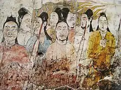 Xianbei men wearing quekua in the form yuanlingpao, Fresco from the Tomb of Lou Rui, Northern Qi (550-577 AD)