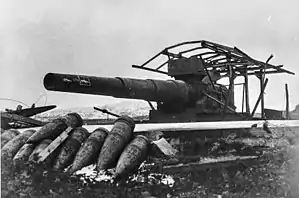 A 24&nbsp;cm railroad gun captured by the Russians during the Petsamo–Kirkenes Offensive.