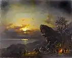 Figures round a fire by moonlight, 1867