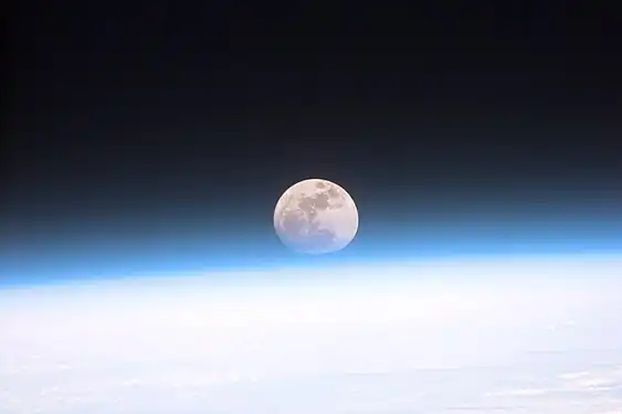 Image 29Astronauts aboard the Space Shuttle Discovery recorded this rarely seen phenomenon of the full Moon partially obscured by the atmosphere of Earth. The image was recorded with an electronic still camera at 15:15:15 GMT, Dec. 21, 1999. (Credit: NASA.) (from Portal:Earth sciences/Selected pictures)