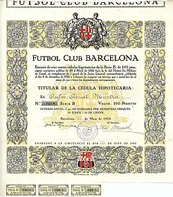 Mortgage bond of Futbol Club Barcelona for 100 pesetas, issued on 24 May 1922 in Barcelona, signed as president in the original by Joan Gamper