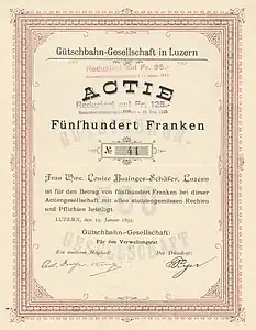 Share certificate of the Gütschbahn-Gesellschaft (founded 1895, wound-up 2007), issued 19. January 1895