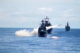 A Brazilian corvette Barroso firing Exocet anti-ship missile.