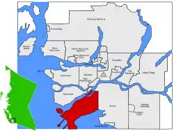 Location of Delta within the Greater Vancouver Area in British Columbia, Canada