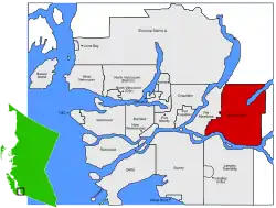 Location of Maple Ridge within the Greater Vancouver Regional District in British Columbia, Canada