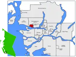 Location of City of North Vancouver within the Metro Vancouver area in British Columbia, Canada