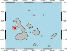 Map of the Galápagos islands with a red dot over the mantle plume location