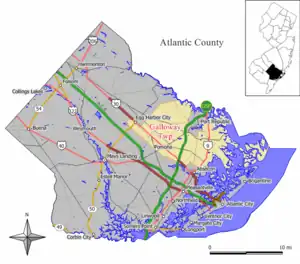 Map of Galloway Township in Atlantic County. Inset: Location of Atlantic County in New Jersey.