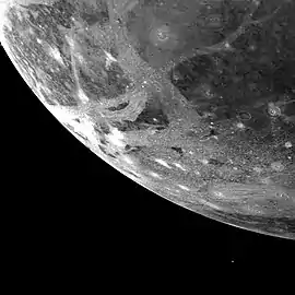 Icy surface of Ganymede as photographed from 253,000&nbsp;km