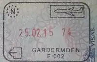Exit stamp for air travel, issued at Oslo Airport, Gardermoen