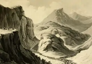 Robert Ker Porter's drawing of the Garni Gorge (published in 1821). Ruins of the temple can be seen on the promontory on the left.