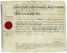 Founder's share of the Gas Light and Coke Company for £50, issued on 1 December 1812 at Pall Mall in the county of Middlesex, printed on parchment. Founded by Frederick Albert Winsor with a capital of £200,000, the company was the world's first public gas works, the forerunner of British Gas, the UK's largest energy supplier.