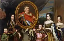 Portrait of the Sobieski family by Henri Gascar. Left side: Konstanty and Jakub (grasping a portrait of John III). Right side: Aleksander, Teresa and Marie Casimire.