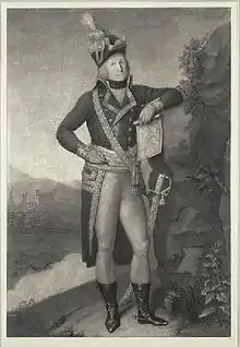 Black and white print of a man in a military uniform standing full length with a map in his left hand and a sword at his belt. He wears a dark coat, light-colored breeches, and a bicorne hat.