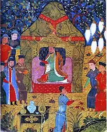 Illustration of a crowned man on a throne, surrounded by retainers.