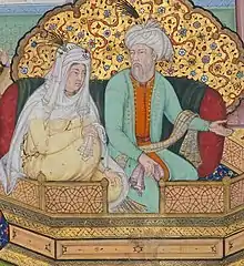 Painting of an old woman with golden dress and white headscarf on a balcony next to an old man wearing a green tunic and a white turban