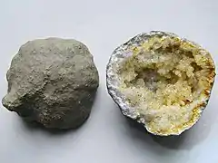 Keokuk geode showing the exterior shell and interior. cavity