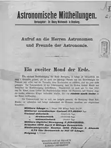 Poster announcing his discovery of the second moon of Earth