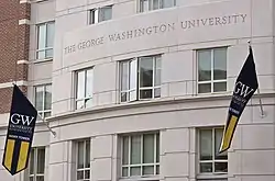 George Washington University banners featuring the buff and blue