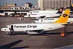 A Boeing 737-200 of German Cargo at Frankfurt Airport in 1991.