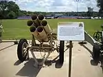Nebelwerfer 41 rocket launcher on display at the Rock Island Arsenal museum, viewed from the front.