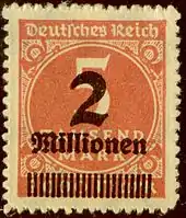 Germany, 1923: Five thousand mark value overprinted to two million.