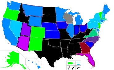 A state map of the United States color-coded for abortion access. A number of U.S. states in the center and especially south of the country have banned abortion apart from certain medical exceptions. In contrast, abortion is available on demand without a mandated time limit in Alaska, Colorado, Minnesota, New Jersey, New Mexico, Oregon, Vermont, and Washington D.C. Because the situation is changing rapidly, please see the article text for details.